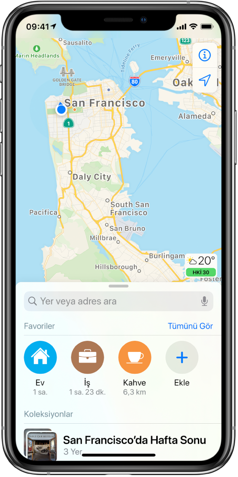 Arama alanının altında gösterilen iki favori ile birlikte San Francisco Körfezi Alanının haritası. Favoriler Ev ve İş’tir.