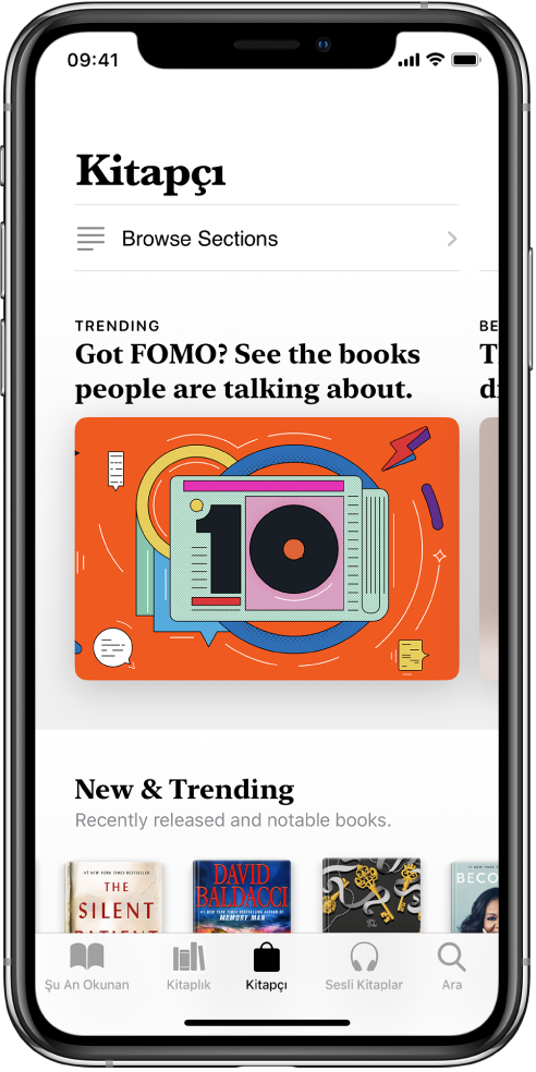 Kitaplar uygulamasında Kitapçı’dan bir ekran. Ekranın alt kısmında soldan sağa Şu An Okunan, Kitaplık, Kitapçı, Sesli Kitaplar ve Ara sekmeleri var ve Kitapçı sekmesi seçili. Ekran, göz atabileceğiniz ve satın alabileceğiniz kitapları ve kitap kategorilerini gösteriyor.