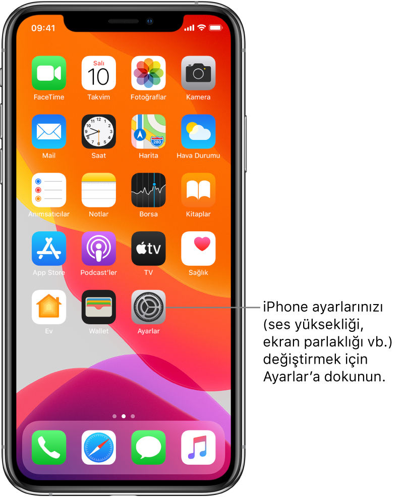 iPhone’unuzun ses yüksekliğini, ekran parlaklığını ve daha birçok şeyi değiştirmek için dokunabileceğiniz Ayarlar simgesi de dahil olmak üzere birçok simgenin bulunduğu ana ekran.