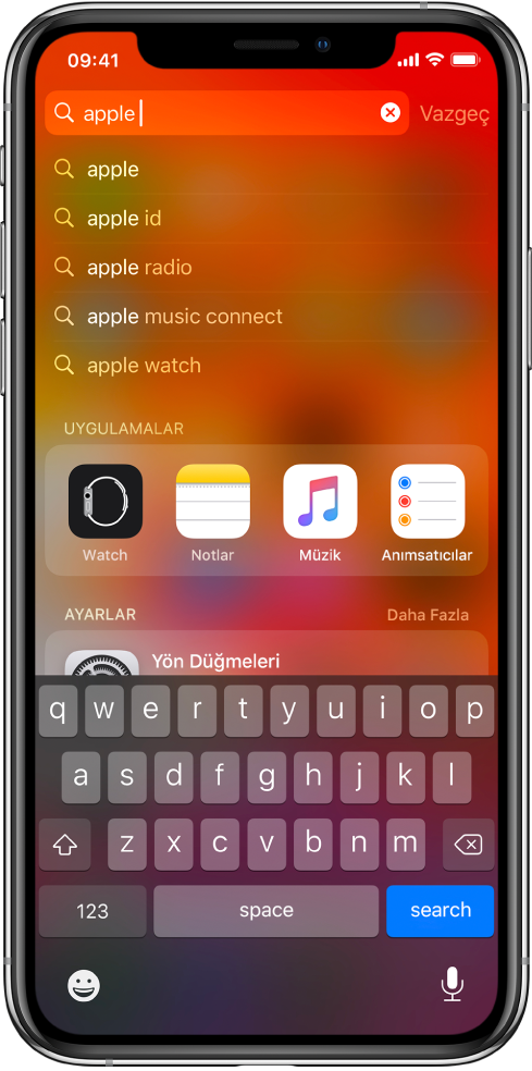 iPhone’da bir arama gösteren bir ekran. En üstte “apple” arama metnini içeren arama alanı ve onun altında hedef metin için bulunan arama sonuçları var.