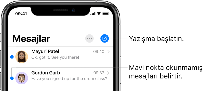 Sol üstte Düzenle düğmesi ve sağ üstte Oluştur düğmesi ile Mesajlar listesi. Mesajın solundaki bir mavi nokta mesajın okunmadığını belirtir.