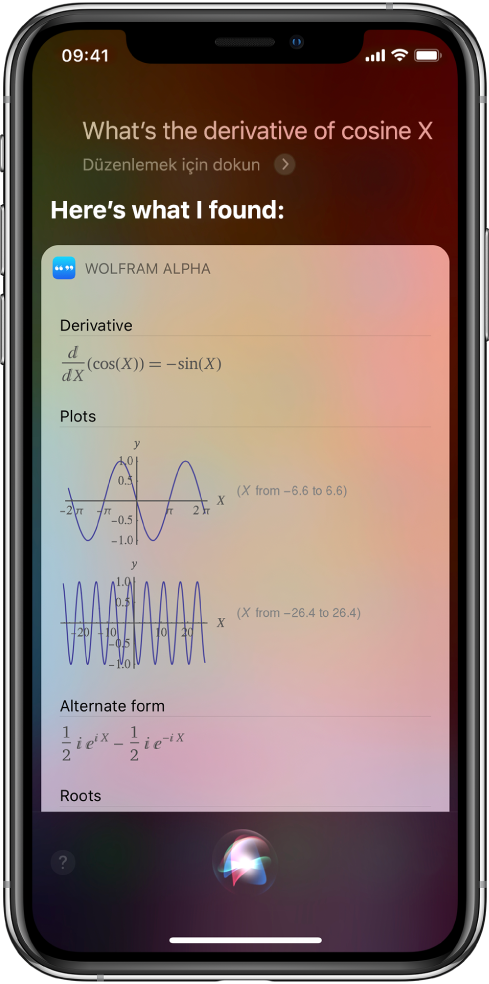 “Kosinüs x’in türevi nedir?” sorusuna yanıt. Ekranda yukarıdan aşağıya bir denklem, iki grafik ve ek bilgiler gösteriliyor.