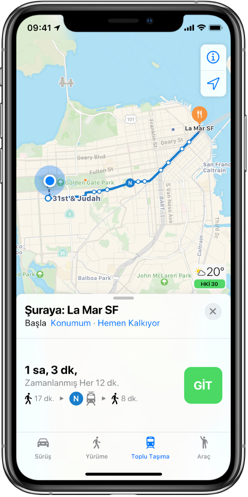 San Francisco üzerinde bir toplu taşıma rotasını gösteren bir harita. Ekranın alt kısmında rota kartı Git düğmesini içeriyor.