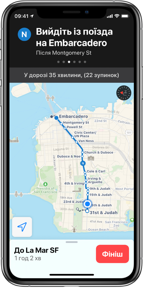 Карта маршруту громадського транспорту через Сан-Франциско. На картці маршруту вгорі екрана відображається інструкція «Вийти з потяга на зупинці Embarcadero».