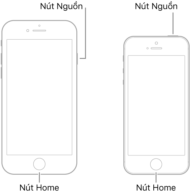 Các hình minh họa của hai kiểu máy iPhone có màn hình hướng lên trên. Cả hai kiểu máy đều có nút Home ở gần cuối thiết bị. Kiểu máy ngoài cùng bên trái có nút Nguồn ở cạnh phải của thiết bị gần trên cùng, trong khi kiểu máy ở ngoài cùng bên phải có nút Nguồn ở đầu thiết bị, gần cạnh phải.