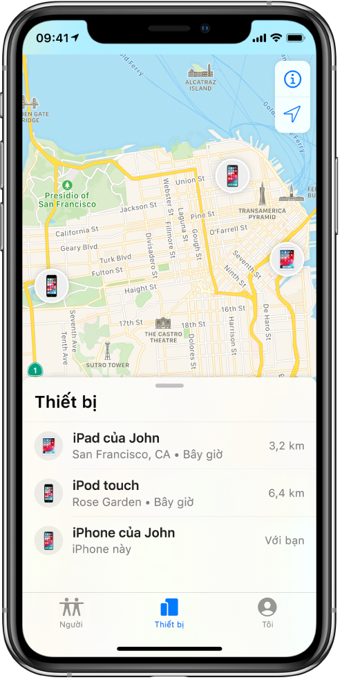 Có ba thiết bị trong danh sách Thiết bị: iPad của John, iPod touch của John và iPhone của John. Vị trí của họ được hiển thị trên bản đồ San Francisco.