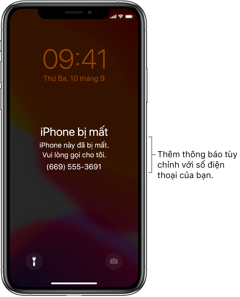 Một Màn hình khóa của iPhone với thông báo: “Lost iPhone. This iPhone has been lost. Please call me. (669) 555-3691”. Bạn có thể thêm thông báo tùy chỉnh với số điện thoại của bạn.