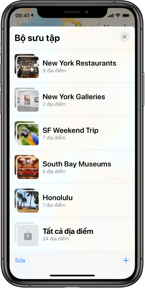 Một danh sách bộ sưu tập trong ứng dụng Bản đồ. Các bộ sưu tập từ trên xuống dưới là Nhà hàng New York, Phòng trưng bày New York, Chuyến đi SF cuối tuần, Bảo tàng South Bay, Honolulu và Tất cả địa điểm. Ở phía dưới bên trái là nút Sửa và ở phía dưới bên phải là nút Thêm.
