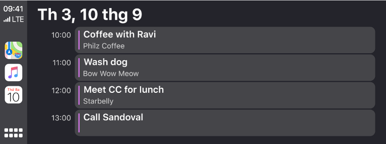 Một màn hình lịch trong CarPlay đang hiển thị 4 sự kiện cho Thứ Ba, 10 tháng 9.