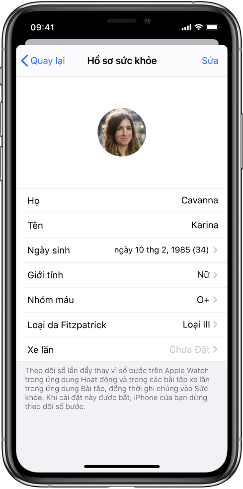 Màn hình Hồ sơ sức khỏe cho một phụ nữ 34 tuổi với nhóm máu O+.