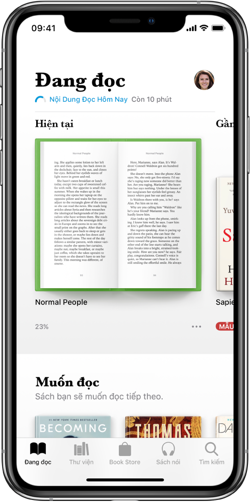 Màn hình Đang đọc trong ứng dụng Sách. Ở cuối màn hình, từ trái sang phải, là các tab Đang đọc, Thư viện, Book Store, Sách nói và Tìm kiếm.