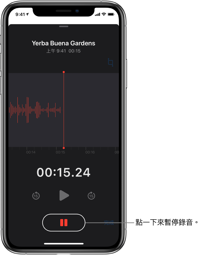 「錄音機」畫面上顯示進行中的錄音，並顯示使用中的「暫停」按鈕，及變暗的播放、快轉 15 秒和回帶 15 秒控制項目。畫面的主要部份顯示進行中錄音內容的波形，和一個時間指示器。