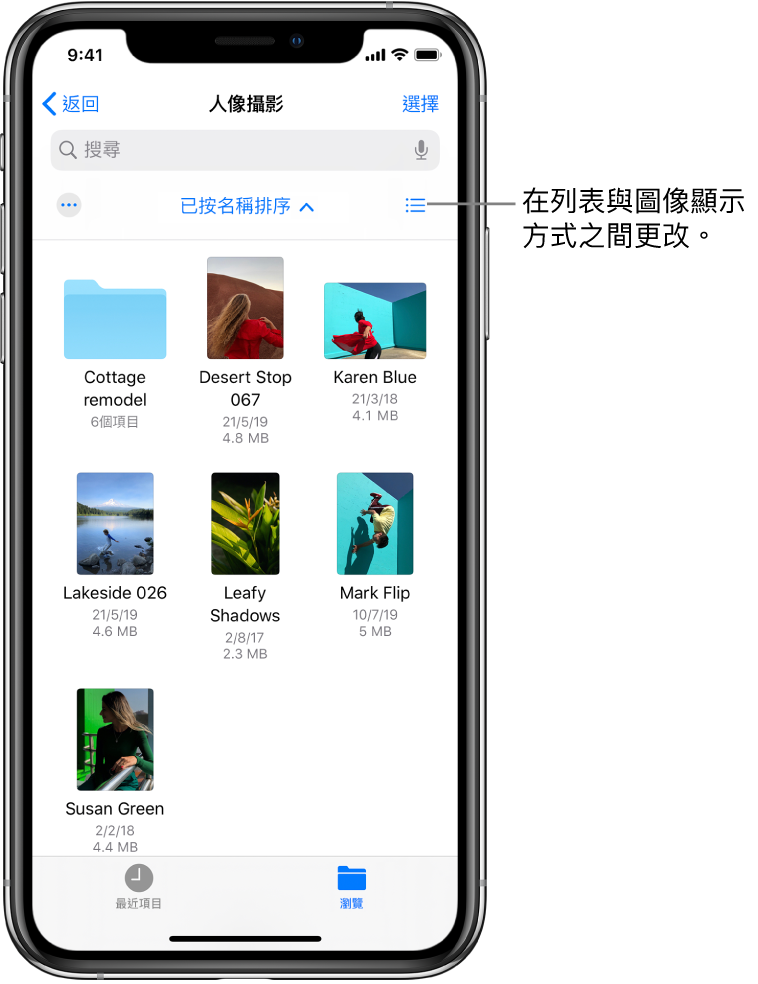 「攝影」檔案的「iCloud 雲碟」位置。項目按照名稱排序，包括名稱為「Cottage remodel」的資料夾和六個文件：Desert Stop、Karen Blue、Lakeside、Leafy Shadow、Mark Flip 和 Susan Green。右上方附近有一個按鈕用來切換列表和圖像顯示方式。