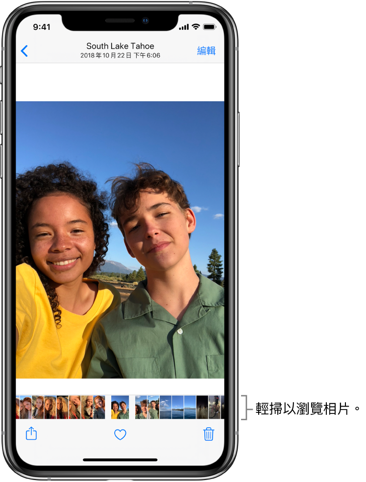 顯示一張相片，螢幕底部是一列其他相片的縮圖。左上方是返回按鈕，可帶你回到正在瀏覽的顯示方式。沿着底部是「分享」、「喜好項目」和「刪除」按鈕。右上方為「編輯」按鈕。