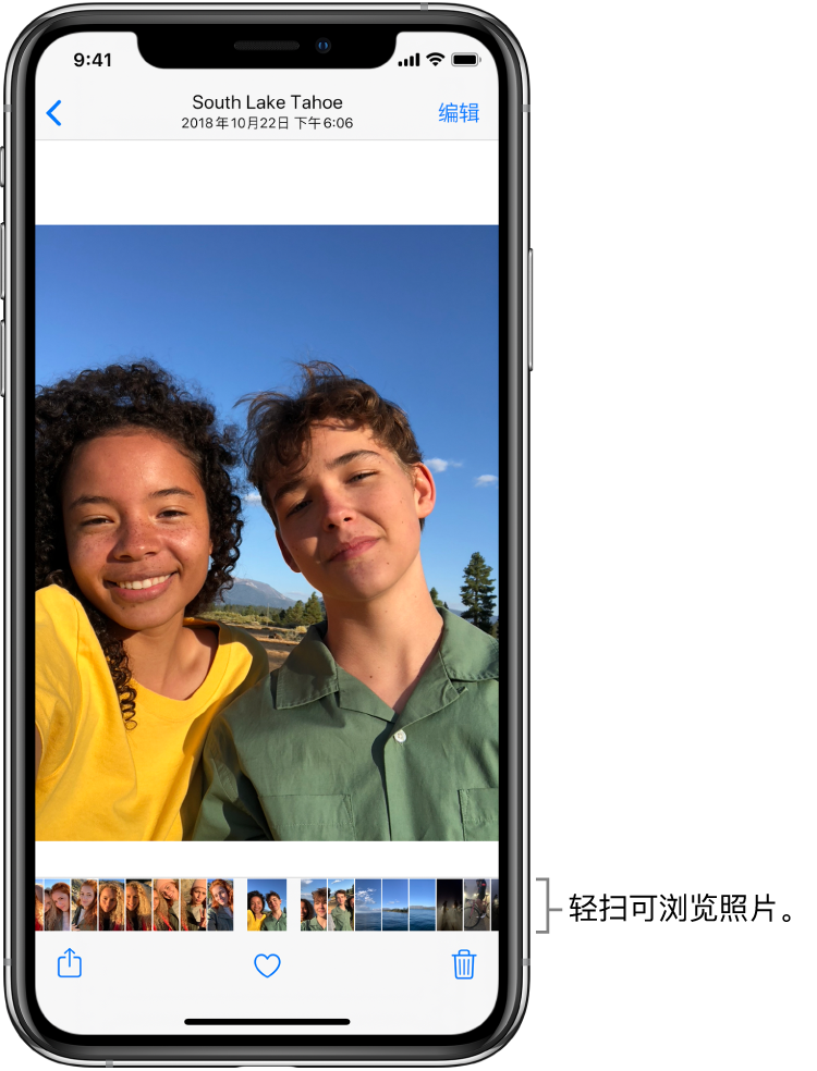 一张照片，屏幕底部包含其他照片的缩略图。左上方是返回按钮，可带您返回当时正在浏览的视图。底部是“共享”、“赞”和“删除”按钮。右上方是“编辑”按钮。