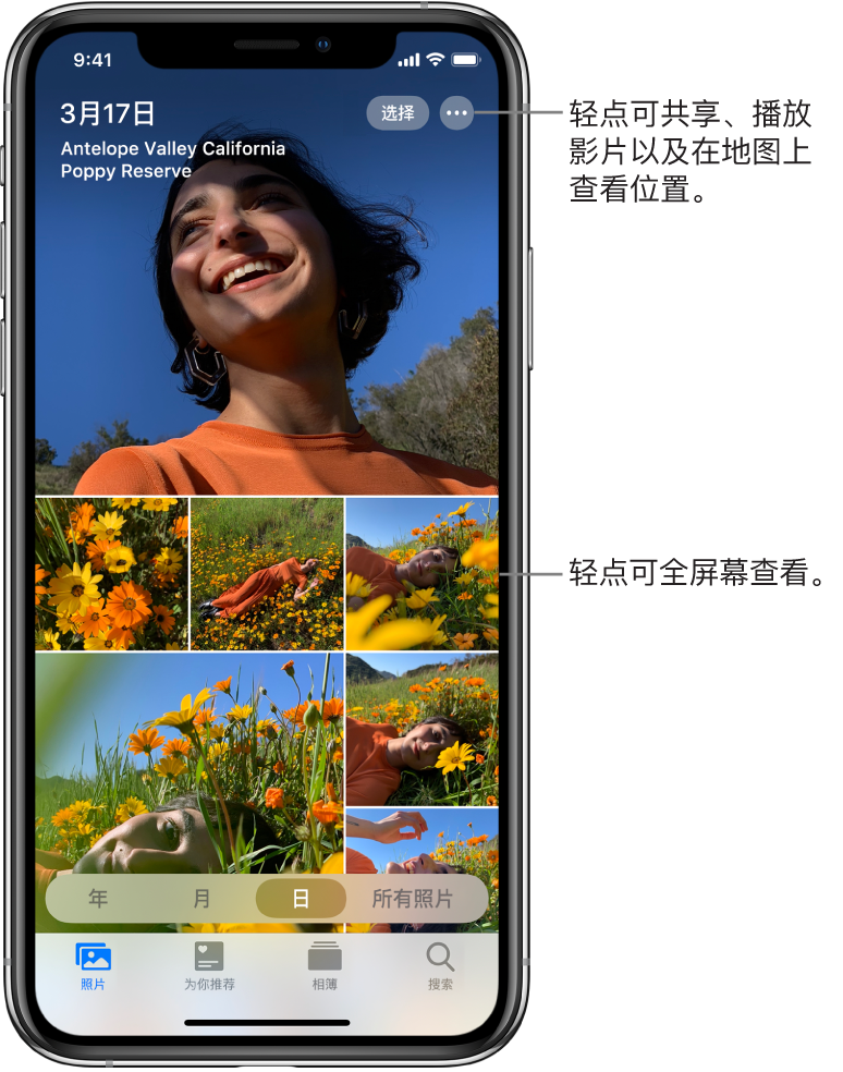 以“日”视图显示的照片图库。所选照片缩略图填满屏幕。屏幕左上方是照片的拍摄日期和位置。右上方是“选择”和“更多选项”按钮，用于共享照片和查看详细信息。缩略图下方是按“年”、“月”、“日”以及“所有照片”来查看照片图库的选项。底部依次是“照片”、“为你推荐”、“相簿”和“搜索”标签。