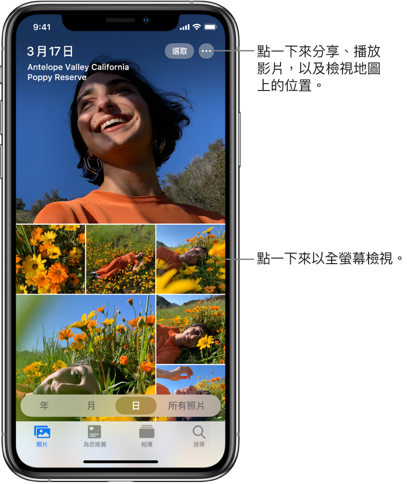 以「日」顯示方式顯示的照片圖庫。精選照片縮覽圖填滿螢幕。螢幕最上方為拍攝照片的日期和位置。右上角為用於分享照片和查看詳細資訊的「選取」和「更多選項」按鈕。縮覽圖下方為按「年」、「月」、「日」和「所有照片」檢視照片圖庫的選項。底部依序是「照片」、「為您推薦」、「相簿」和「搜尋」標籤頁。