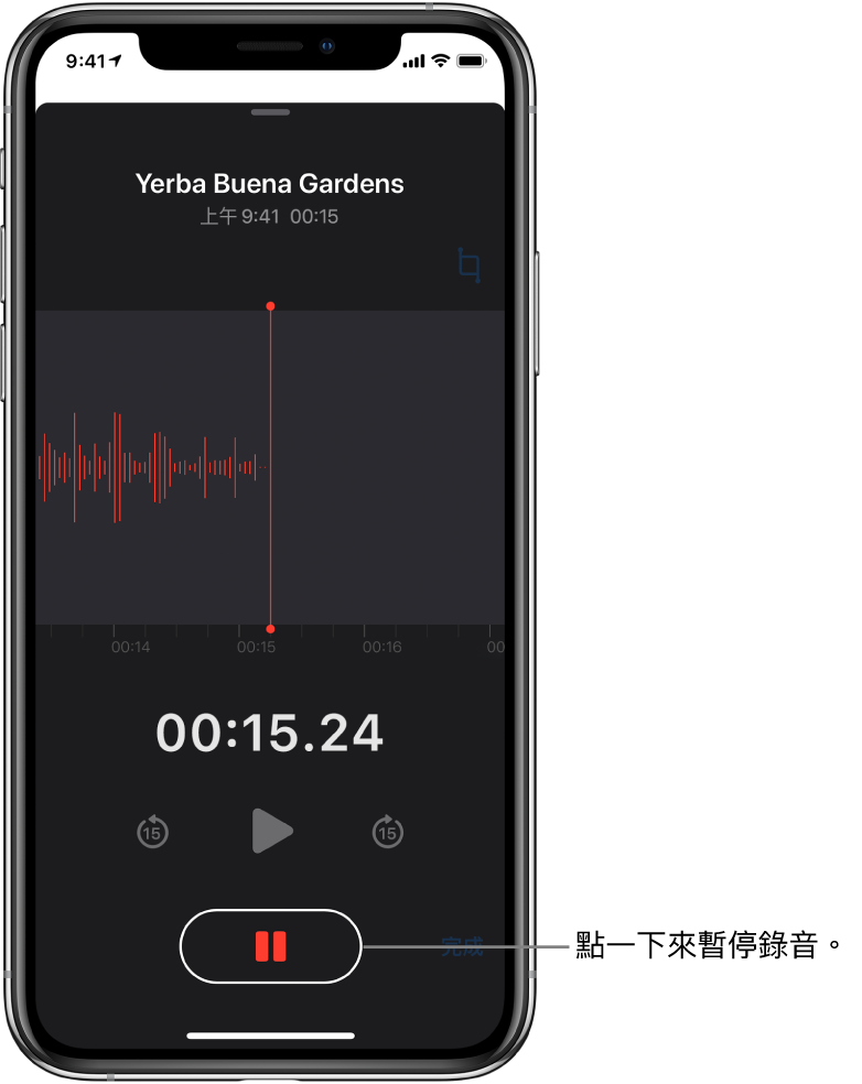 「語音備忘錄」畫面上顯示進行中的錄音，並顯示使用中的「暫停」按鈕，及變暗的播放、快轉 15 秒和倒轉 15 秒控制項目。畫面的主要部分顯示進行中錄音內容的波形，以及一個時間指示器。