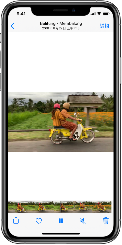 影片播放器位於螢幕中央。螢幕底部的影格檢視器由左至右顯示影格。影格檢視器的下方，由左至右分別為「分享」、「喜好項目」、「暫停」、「靜音」和「刪除」按鈕。
