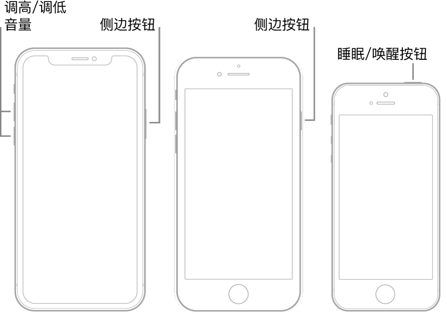 三种机型的 iPhone 插图，全部都是屏幕朝上。最左边的插图显示设备左侧的调高音量和调低音量按钮。右侧显示侧边按钮。中间的插图显示设备右侧的侧边按钮。最右边的插图显示设备顶部的睡眠/唤醒按钮。