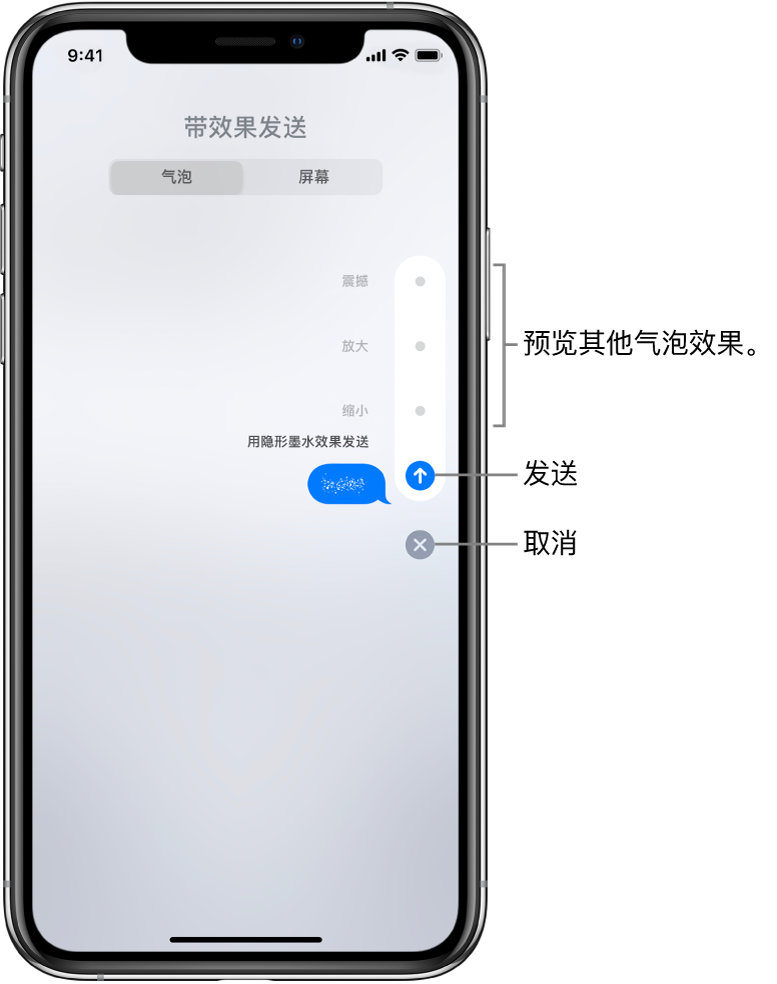 预览带隐形墨水效果的信息。在右侧，轻点控制以预览其他气泡效果。再次轻点同一控制以发送，或者轻点下方的“取消”按钮以返回到您的信息。