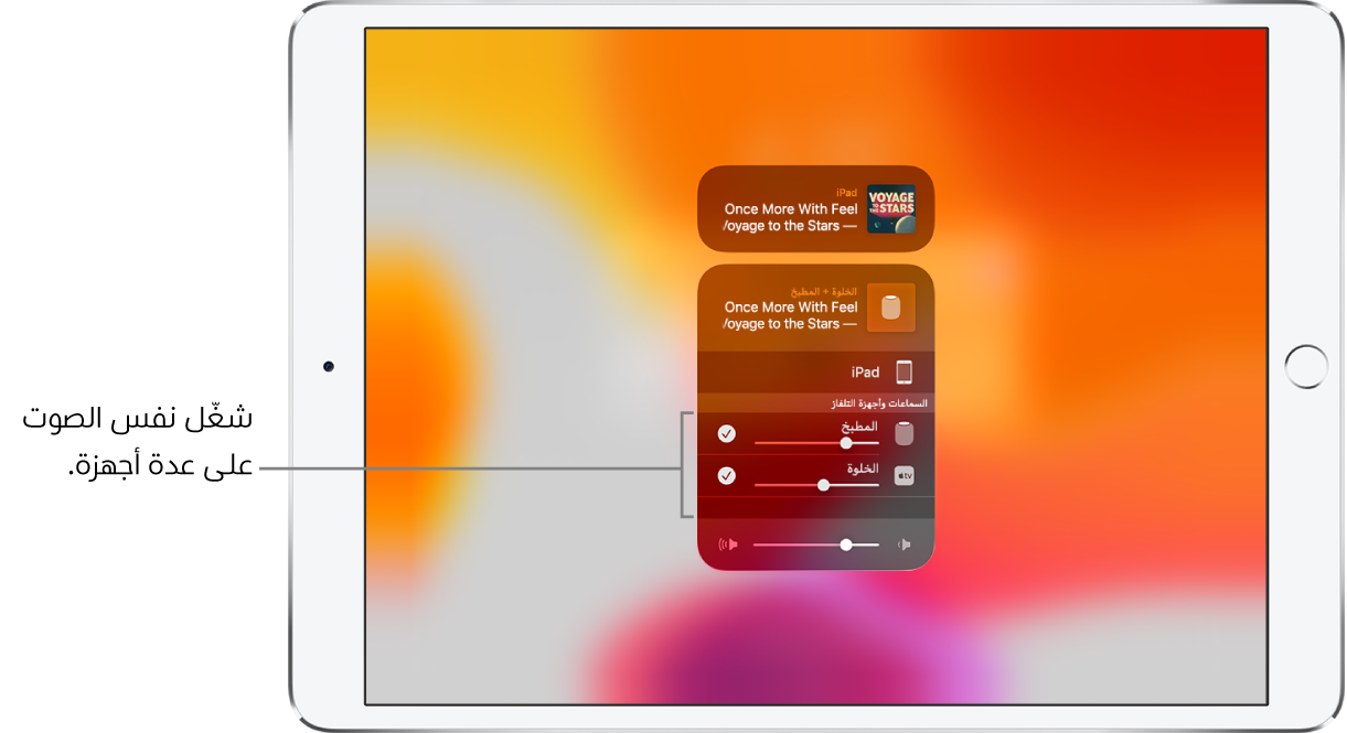شاشة الـ iPad تعرض HomePod و Apple TV تم تحديدهما كقناتي صوت.