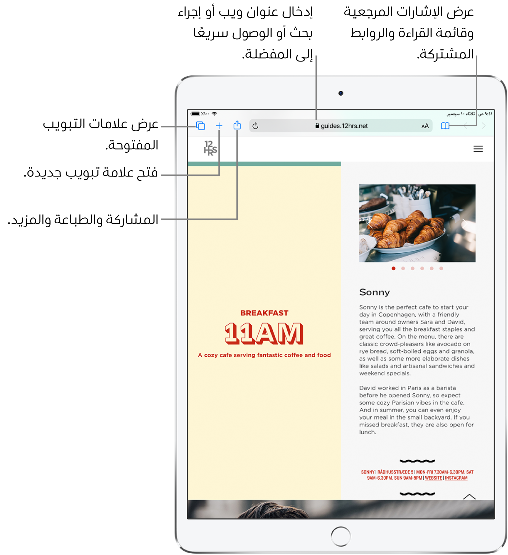 صفحة ويب مفتوحة في Safari، وتظهر به عناصر التحكم التالية، من اليمين إلى اليسار: الأزرار رجوع، والأمام، وإشارات مرجعية، وحقل العنوان، ومشاركة، وعلامة تبويب جديدة، والصفحات.