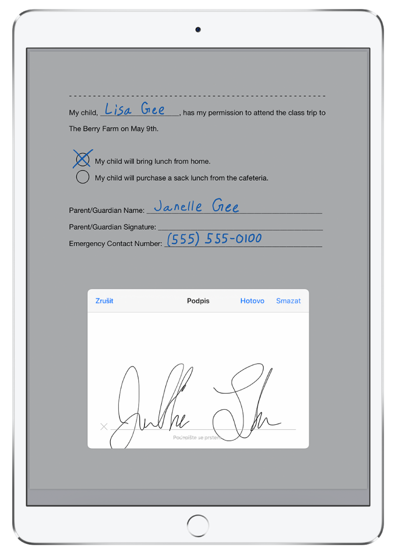 Přidávání nového podpisu do PDF dokumentu pomocí tužky Apple Pencil. Za oknem s novým podpisem je vidět formulář souhlasu s účastí dítěte na školním výletu.