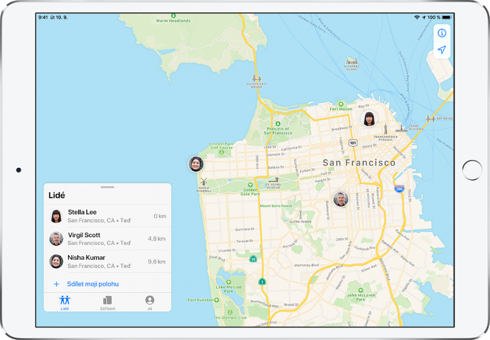V seznamu Lidé jsou uvedeni tři přátelé: Virgil Scott, Stella Lee a Nisha Kumar. Na mapě San Franciska je zobrazena poloha každého z nich.