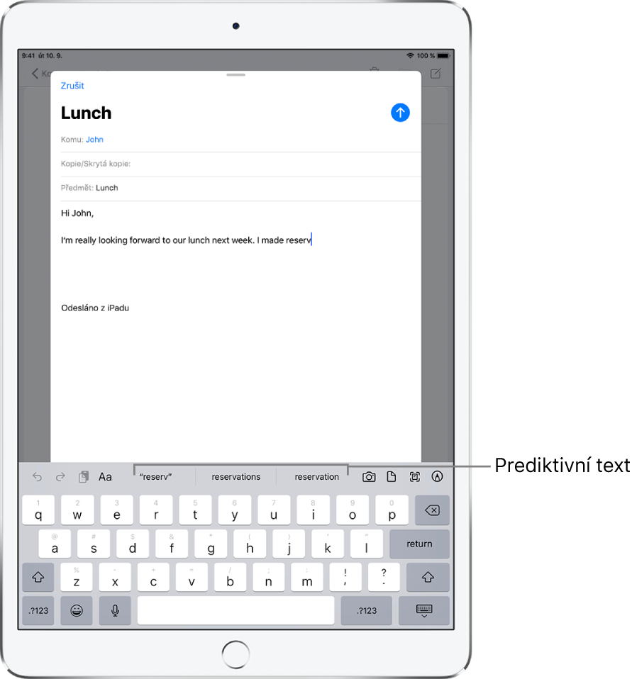 Nová zpráva v Mailu s několika prvními slovy nové zprávy a s návrhy funkce prediktivního textu na dokončení dalšího slova