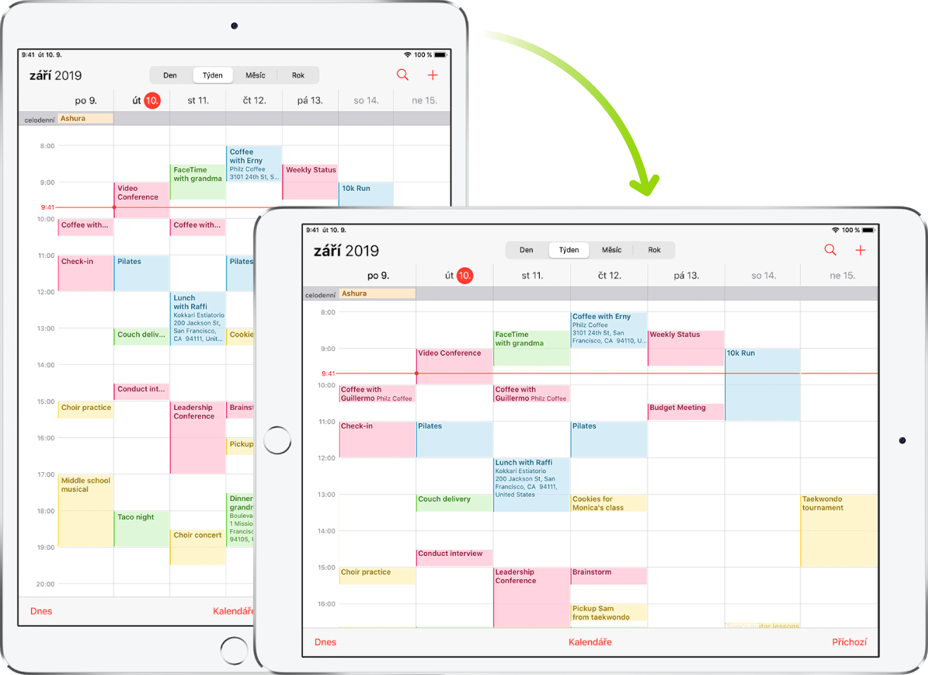 Na pozadí je vidět iPad s obrazovkou aplikace Kalendář v orientaci na výšku; v popředí je tentýž iPad, ale otočený tak, aby se obrazovka aplikace Kalendář zobrazovala na šířku
