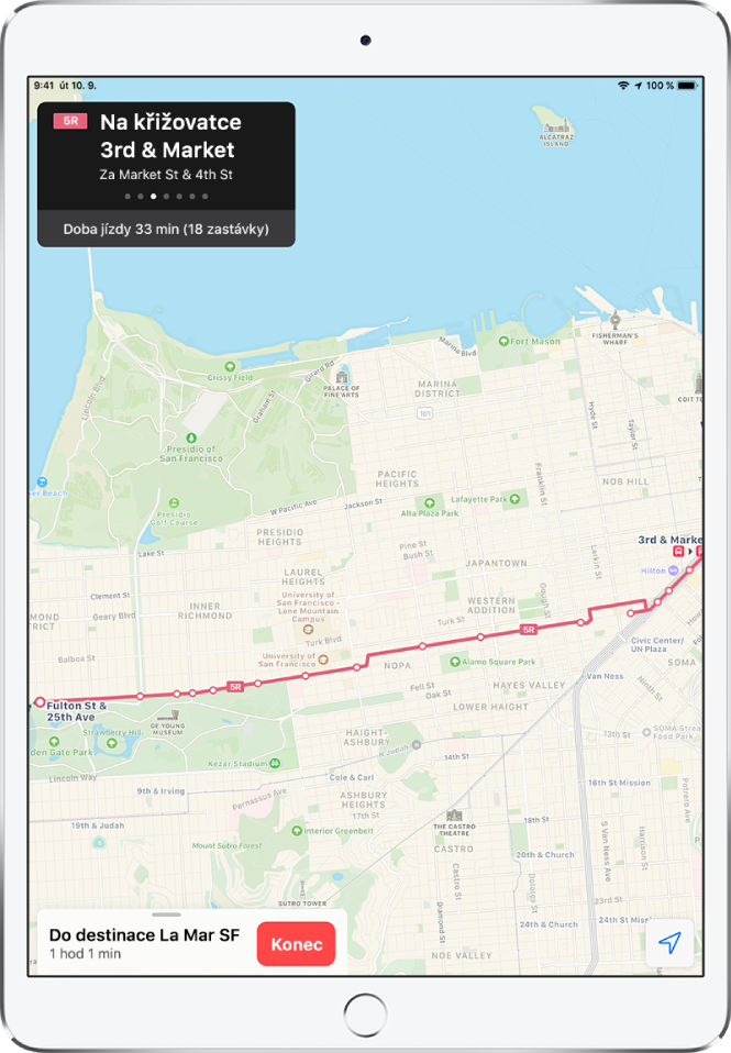 Mapa, na níž je vidět trasa veřejnou dopravou přes San Francisko. Karta trasy, na níž je vlevo nahoře uveden pokyn „Exit bus at 3rd and Market“.