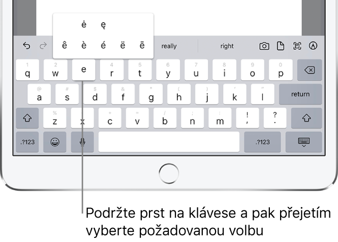 Obrazovka s alternativními znaky pro klávesu „e“