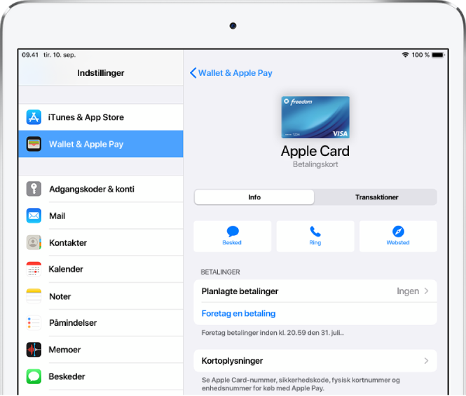 Skærmen med oplysninger for Apple Cash-kortet, som viser balancen øverst til højre.