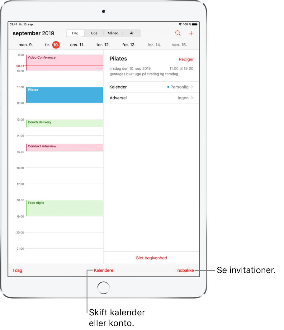 En kalender i dagsoversigt. Tryk på knapperne øverst for at ændre oversigten mellem Dag, Uge, Måned og År. Tryk på knappen Kalendere nederst for at skifte kalender eller konto. Tryk på knappen Indbakke, der findes nederst til højre, for at se invitationer