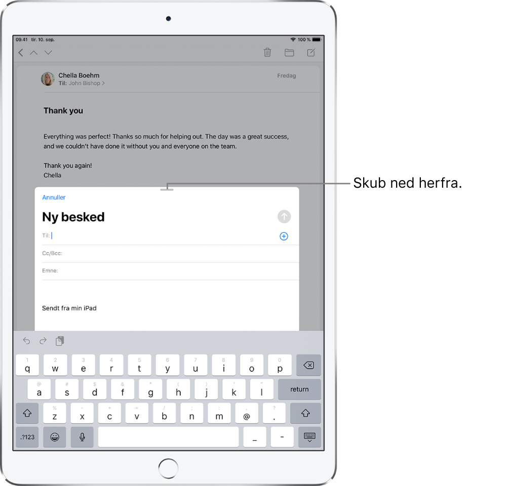 Et udkast til en e-mail foran en modtaget e-mail, med en billedforklaring, der viser, hvordan man trækker udkastet for at flytte det væk fra den anden e-mail.