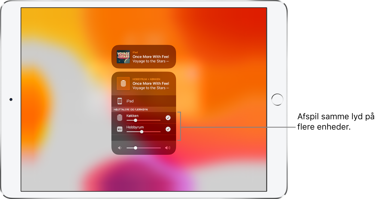 Skærmen på iPad, der viser HomePod og Apple TV som valgte lydmodtagere.