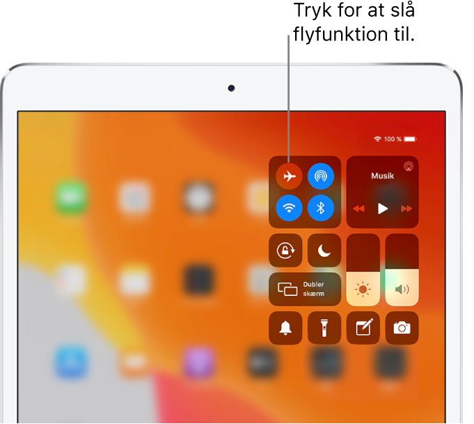 Skærmen Kontrolcenter, der viser, at et tryk på knappen øverst til venstre slår flyfunktion til.