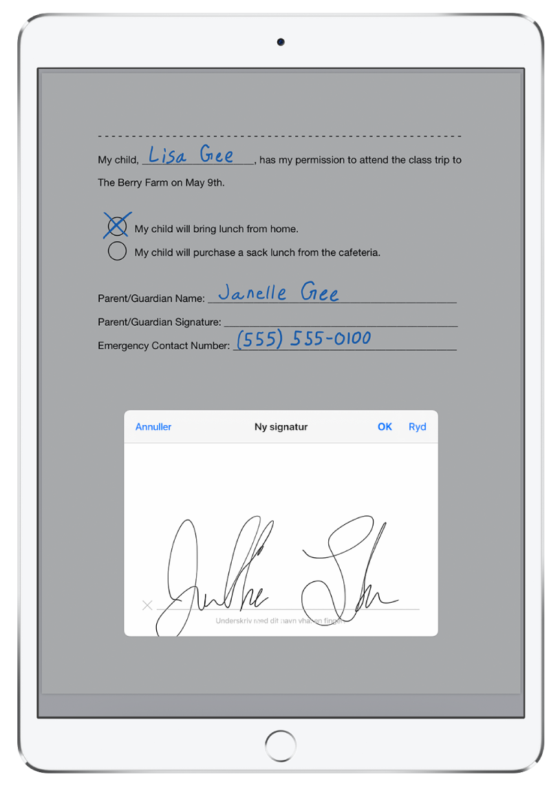 En ny underskrift, der føjes til et PDF-dokument vha. Apple Pencil. Bag vinduet Ny signatur er der en seddel, der giver et barn tilladelse til at deltage i en klasseudflugt.