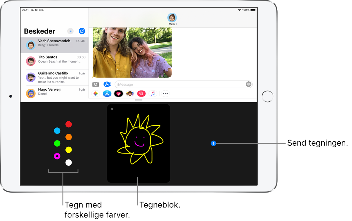 Et beskedvindue med Digital Touch-skærmen nederst. Farvemulighederne er til venstre, tegneblokken er i midten, og knappen Send er til højre.