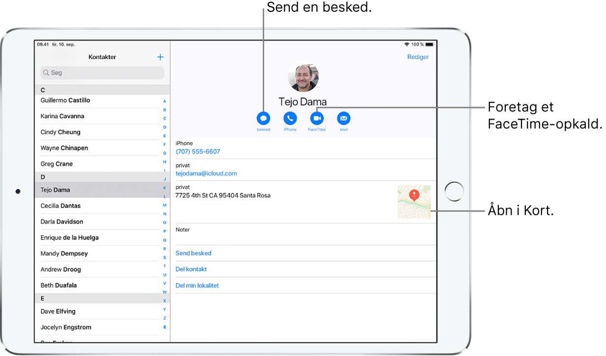 Skærmen Kontakter vises åbnet med listen Kontakter til venstre og det valgte kontaktkort til højre. Under kontaktens foto og navn findes de knapper, der bruges til at sende en besked, foretage et telefonopkald, foretage et FaceTime-opkald, sende en e-mailbesked og sende penge med Apple Pay. Under knapperne findes kontaktoplysningerne.