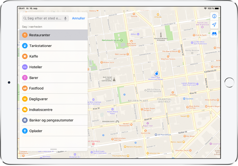 Et kort, der viser en del af centrum i San Francisco. Til venstre vises en liste med emner som Restauranter, Kaffe og Fast Food. Restauranter er valgt. På kortet angives spisesteder med orange symboler. Øverst til højre vises knapper til oplysninger, lokalitet og 3D.
