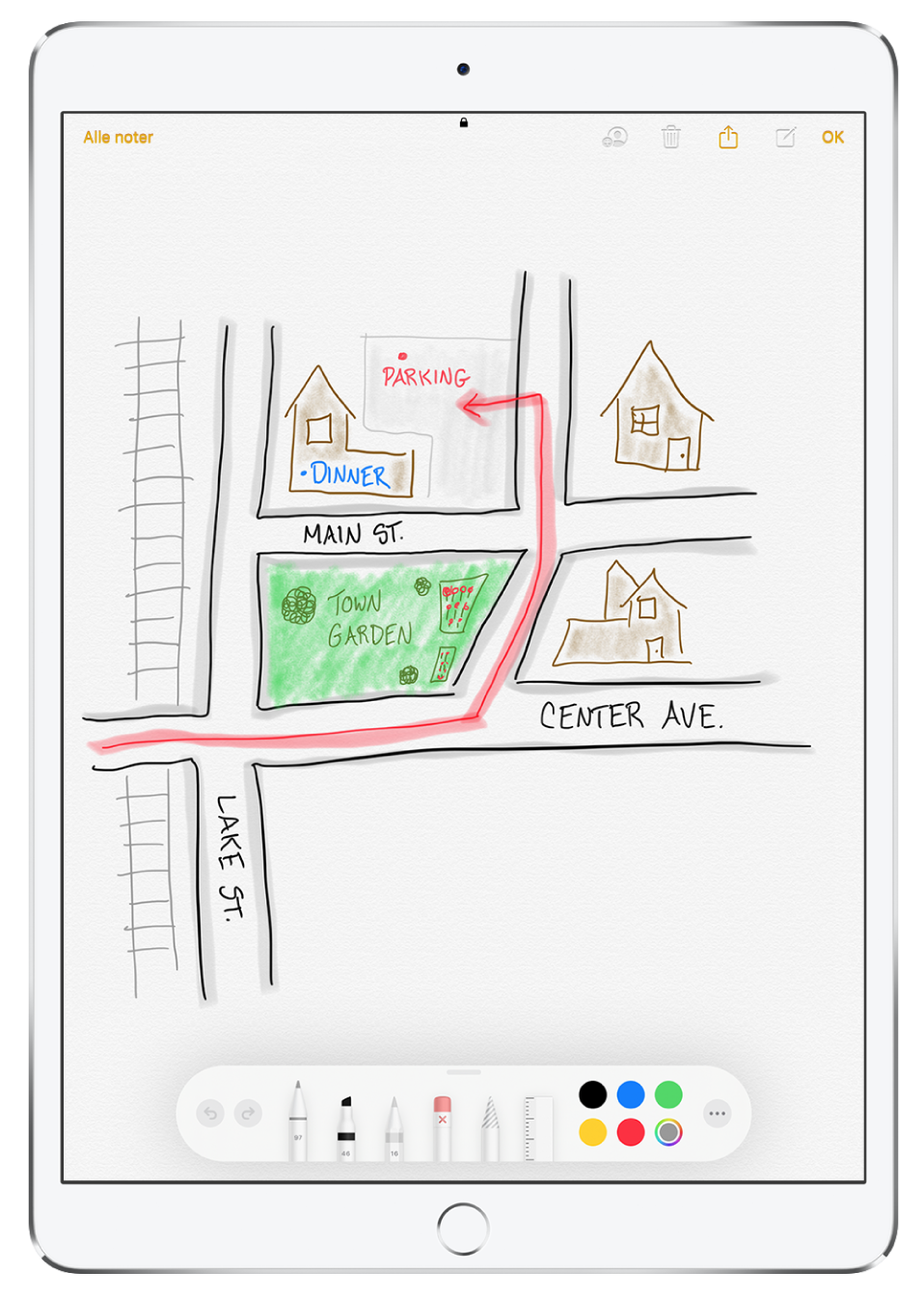 En tegning af et lokalområde i en note i appen Noter. Gaderne på tegningen er forsynet med gadenavne, og en rød pil viser parkeringsmuligheder. Langs bunden af skærmen findes værktøjslinjen til markering med et skriveredskab og en speciel farve valgt.