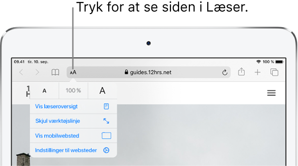 Safari-værktøjslinjen med knappen Læser i venstre side af adressefeltet.