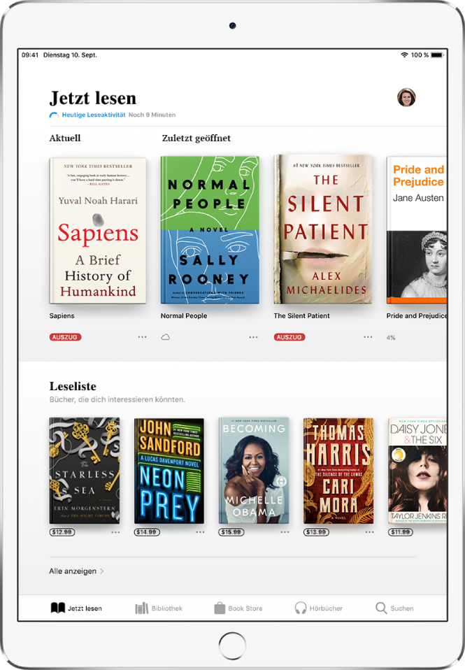 Ein Bildschirm in der App „Bücher“. Unten auf dem Bildschirm sind von links nach rechts die Tabs „Jetzt lesen“, „Bibliothek“, „Book Store“, „Hörbücher“ und „Suchen“ zu sehen, wobei der Tab „Jetzt lesen“ ausgewählt ist. Oben auf dem Bildschirm befindet sich der Bereich „Jetzt lesen“, in dem die Bücher zu sehen sind, die du gerade liest. Darunter befindet sich der Bereich „Leseliste“ mit Büchern, die du vielleicht als Nächstes lesen möchtest.