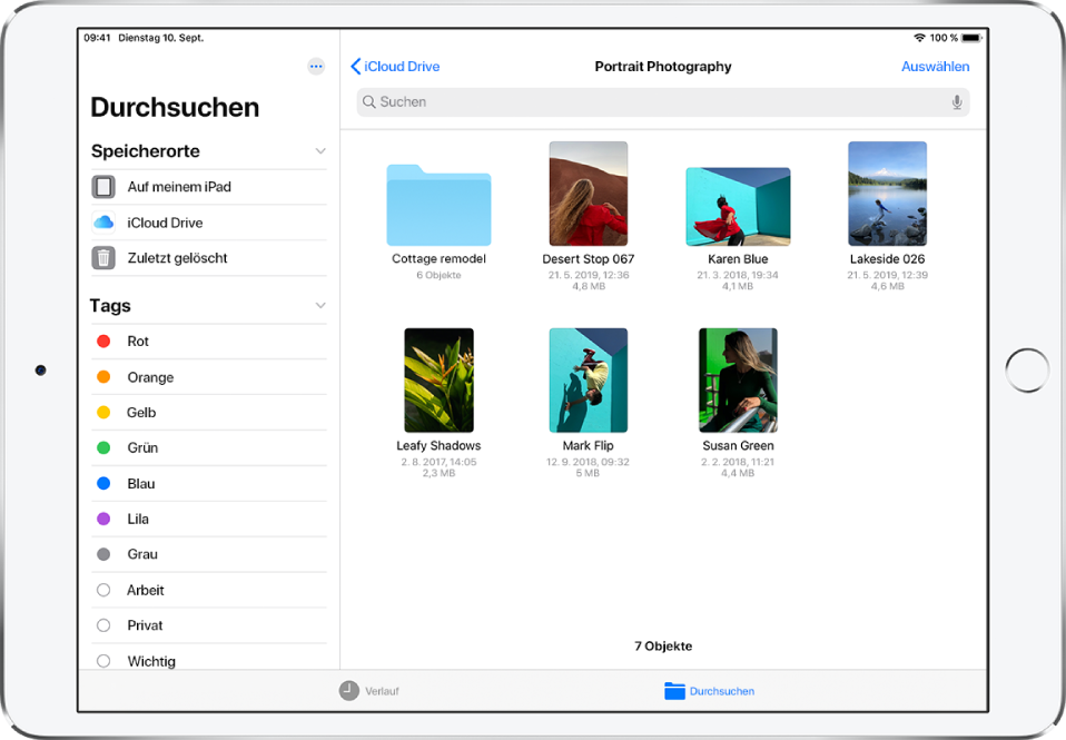 Die App „Dateien“ mit der Seitenleiste „Durchsuchen“ auf der linken Seite und Ordnern für den Speicherort „iCloud Drive“ auf der rechten Seite.