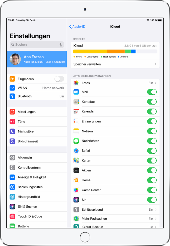 Bildschirm mit den iCloud-Einstellungen mit der Nutzungsanzeige für den iCloud-Speicher und einer Liste von Apps und Diensten wie „Mail“, „Kontakte“ und „Nachrichten“, die mit iCloud verwendet werden können.
