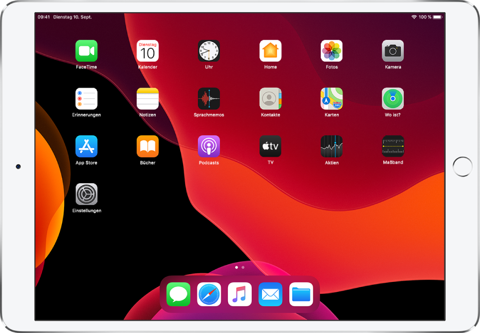Der Home-Bildschirm des iPad im Dunkelmodus.