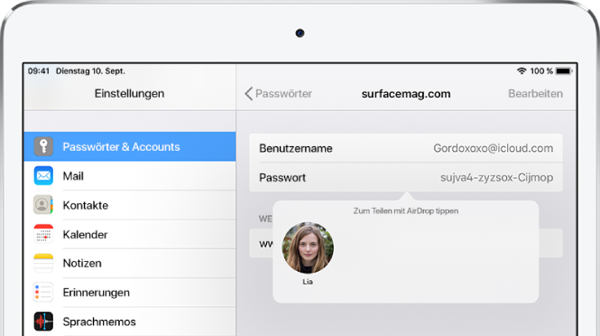Der Bildschirm „Passwörter & Accounts“ für eine Website. Eine Taste unter dem Passwortfeld zeigt die Anweisung „Zum Teilen mit AirDrop tippen“ und darunter ein Foto von Lia.