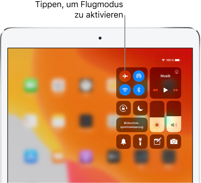 Der Bildschirm des Kontrollzentrums zeigt, dass durch Tippen auf die Taste oben links der Flugmodus aktiviert wird.